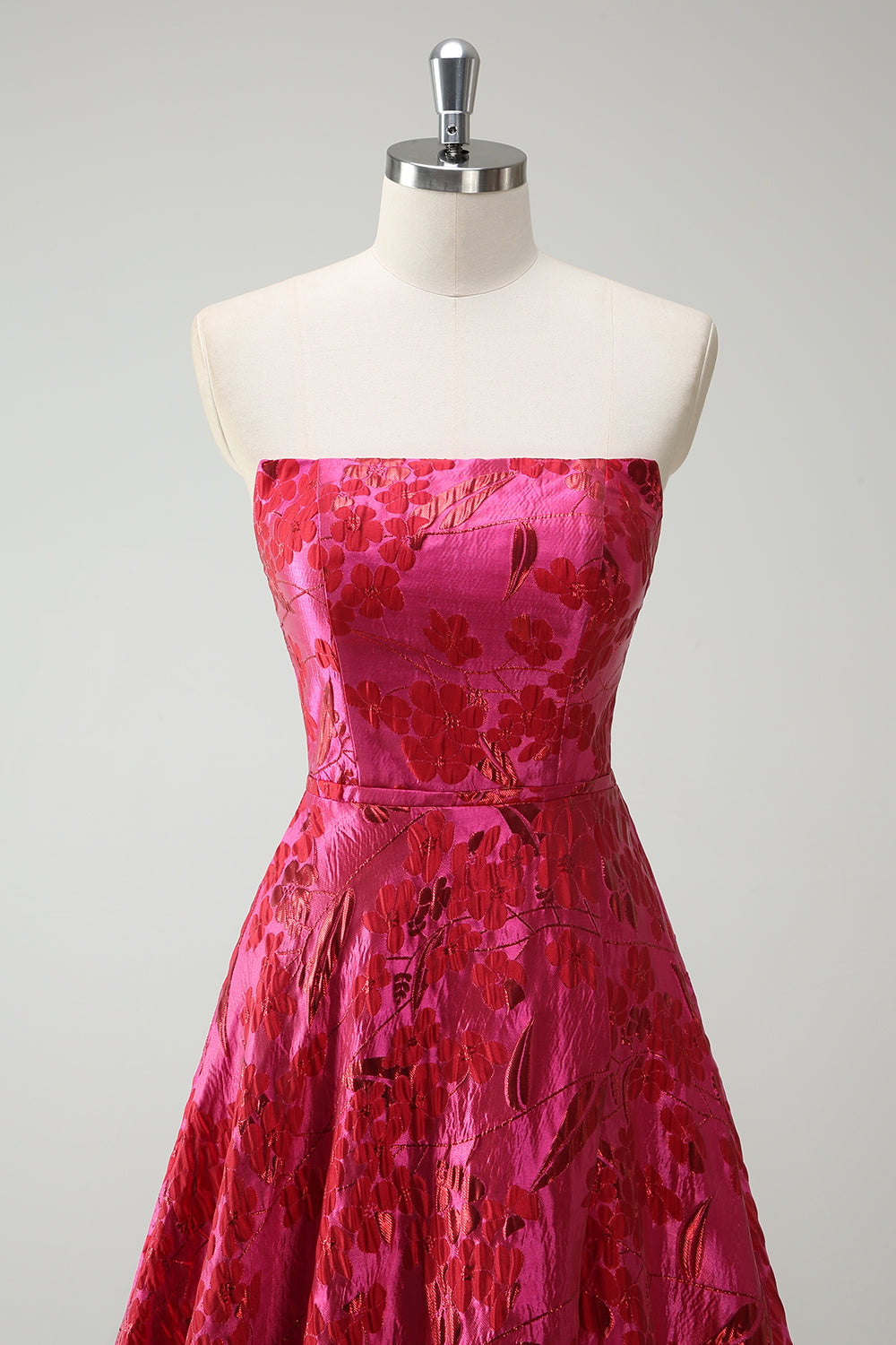 Robe De Soirée trapèze sans bretelles florale fuchsia