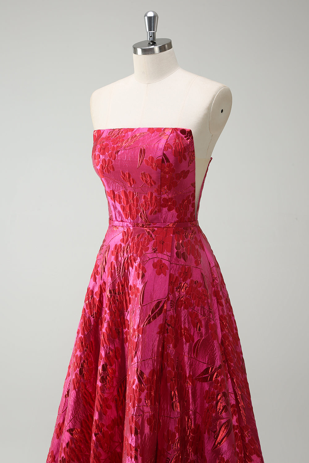 Robe De Soirée trapèze sans bretelles florale fuchsia