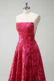 Robe De Soirée trapèze sans bretelles florale fuchsia