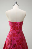 Robe De Soirée trapèze sans bretelles florale fuchsia