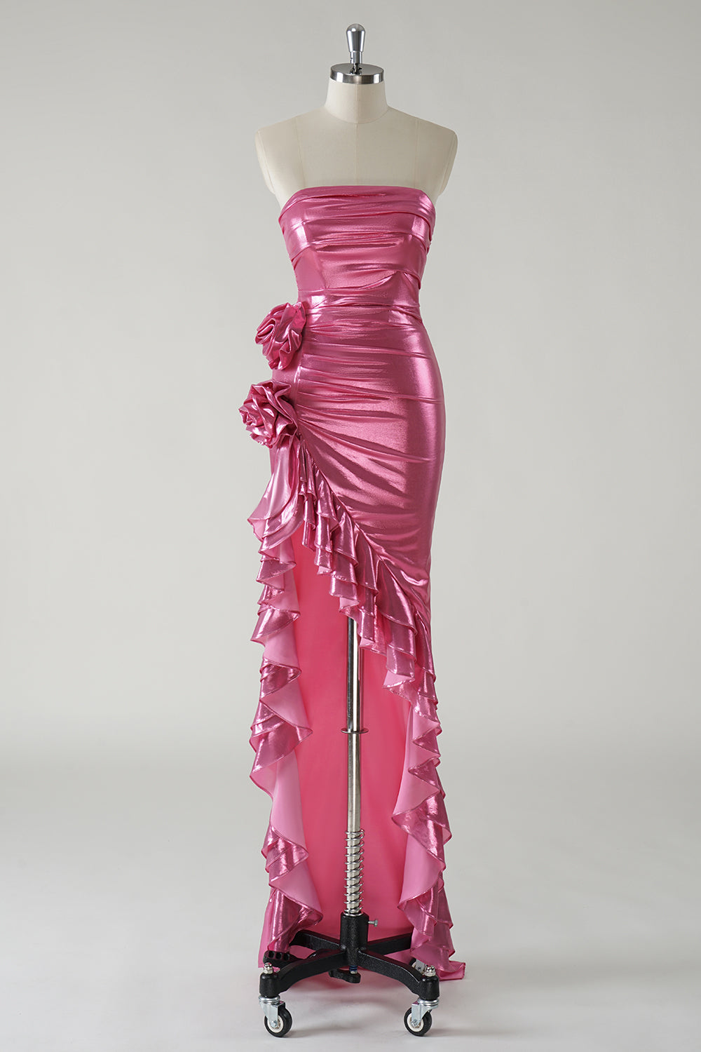 Robe De Soirée bustier métallisée fuchsia scintillante avec fente