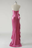 Robe De Soirée bustier métallisée fuchsia scintillante avec fente