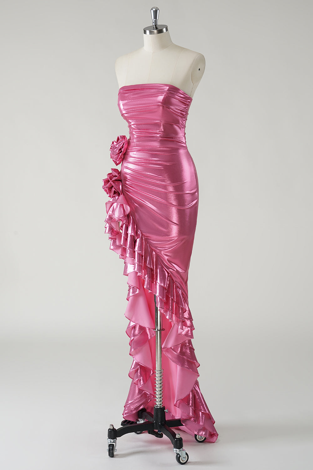 Robe De Soirée bustier métallisée fuchsia scintillante avec fente