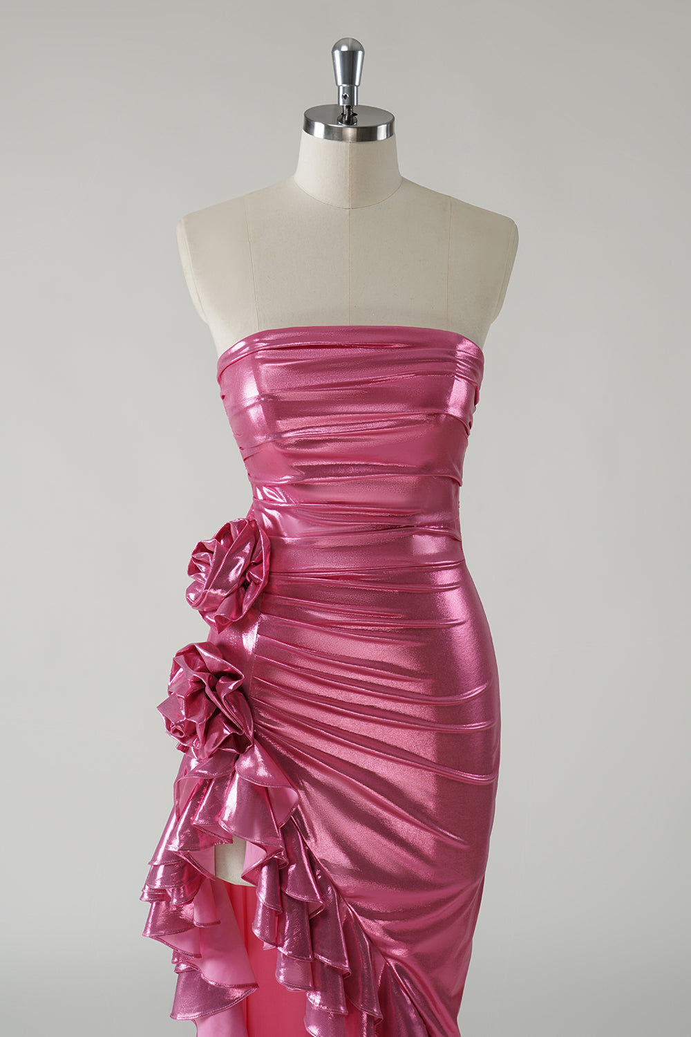 Robe De Soirée bustier métallisée fuchsia scintillante avec fente