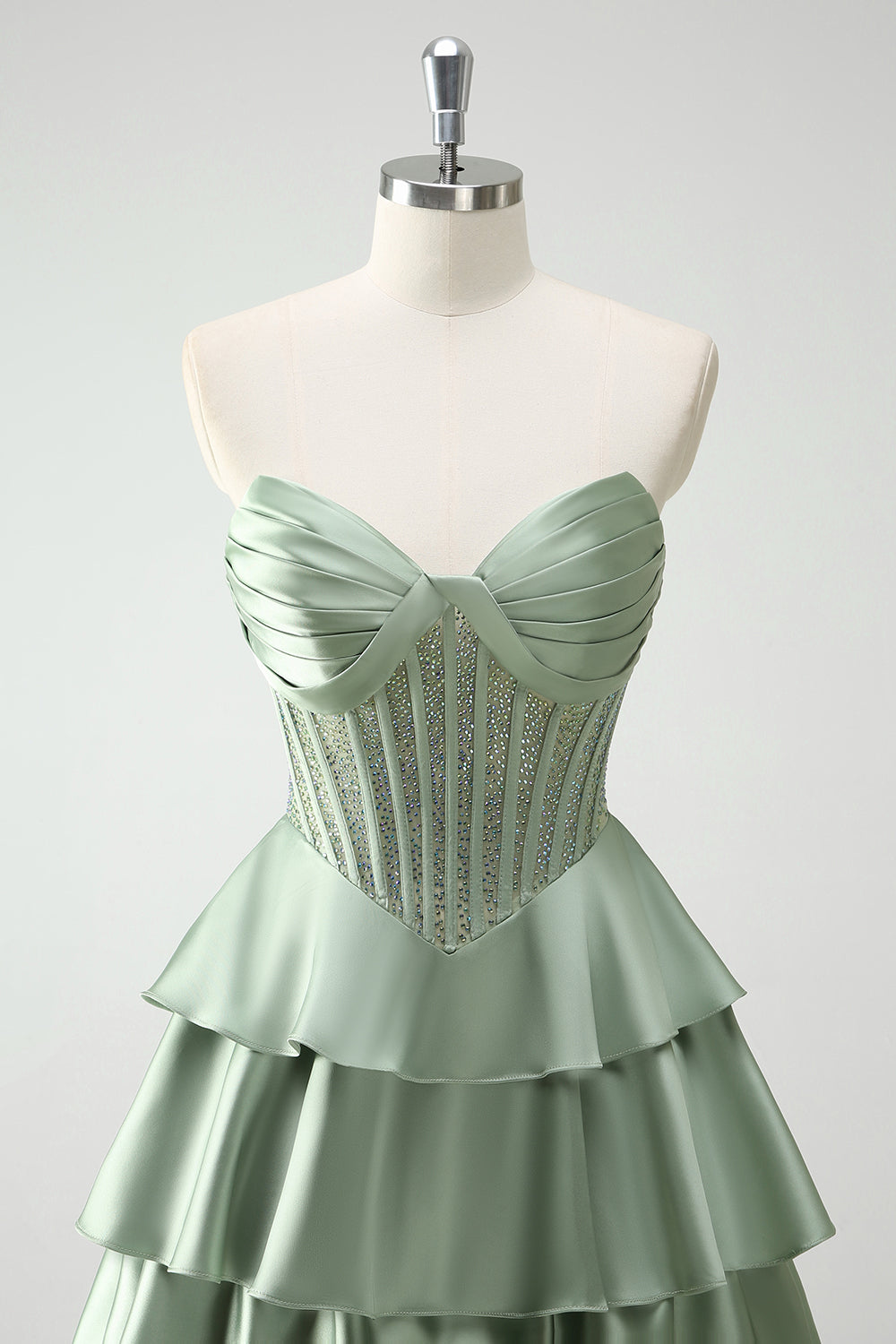 Vert Sweetheart Princesse Satin Tiered Long Corset Robe De Soirée avec Fente