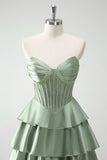 Vert Sweetheart Princesse Satin Tiered Long Corset Robe De Soirée avec Fente