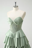 Vert Sweetheart Princesse Satin Tiered Long Corset Robe De Soirée avec Fente