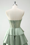Vert Sweetheart Princesse Satin Tiered Long Corset Robe De Soirée avec Fente