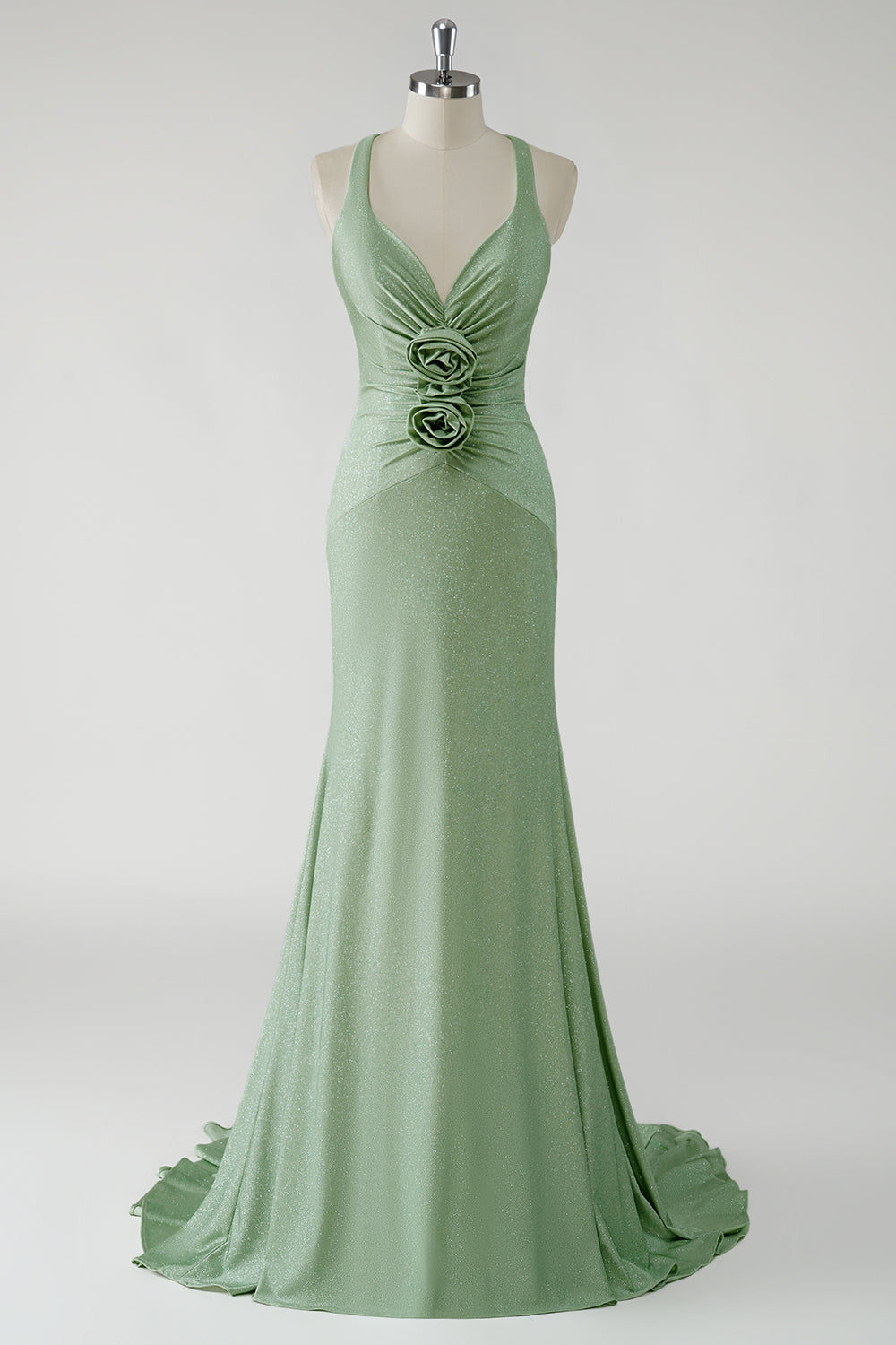 Robe De Soirée longue vert fourreau scintillant avec fleurs 3D