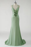 Robe De Soirée longue vert fourreau scintillant avec fleurs 3D