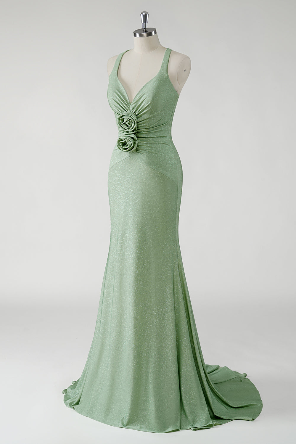 Robe De Soirée longue vert fourreau scintillant avec fleurs 3D