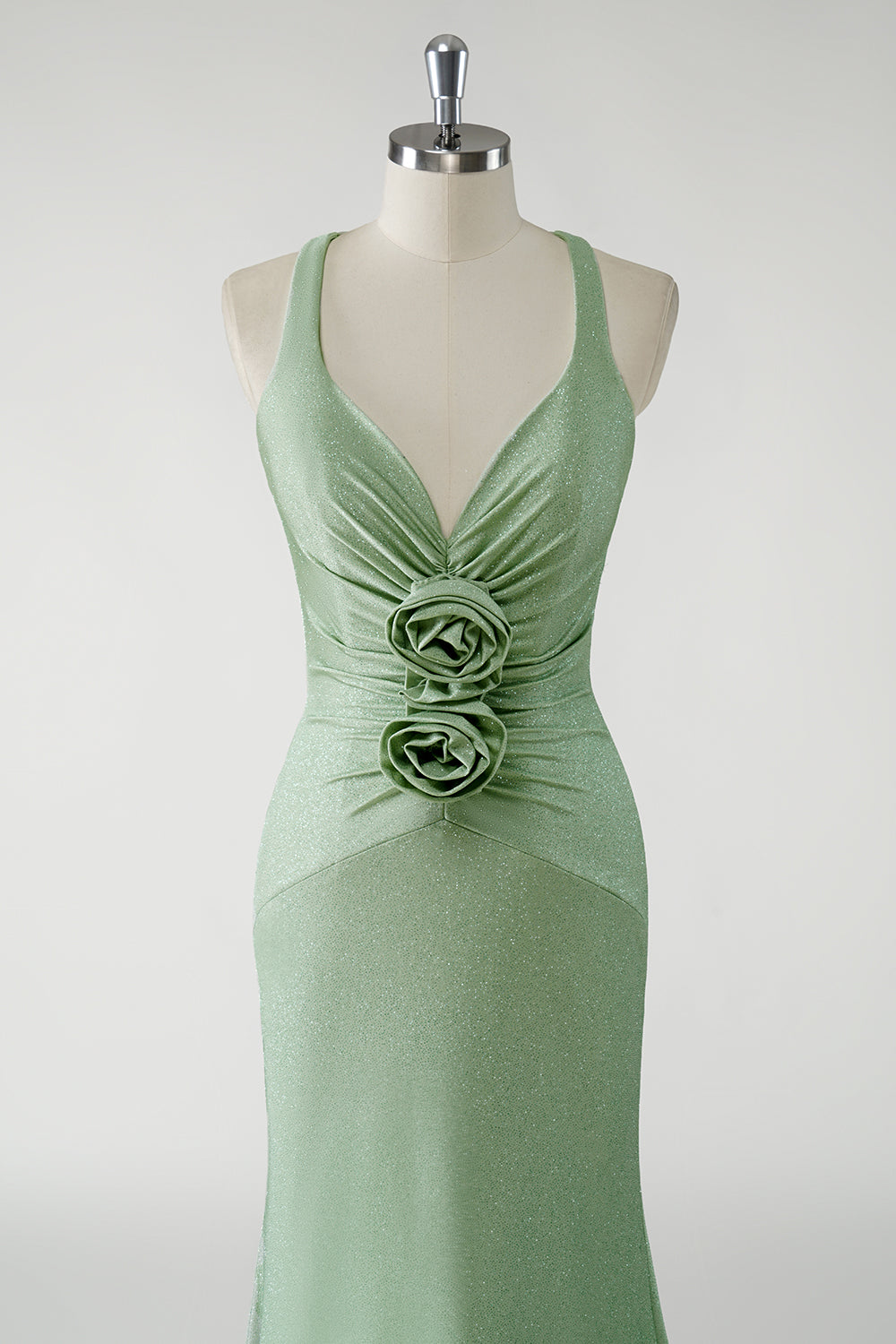 Robe De Soirée longue vert fourreau scintillant avec fleurs 3D