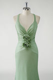 Robe De Soirée longue vert fourreau scintillant avec fleurs 3D