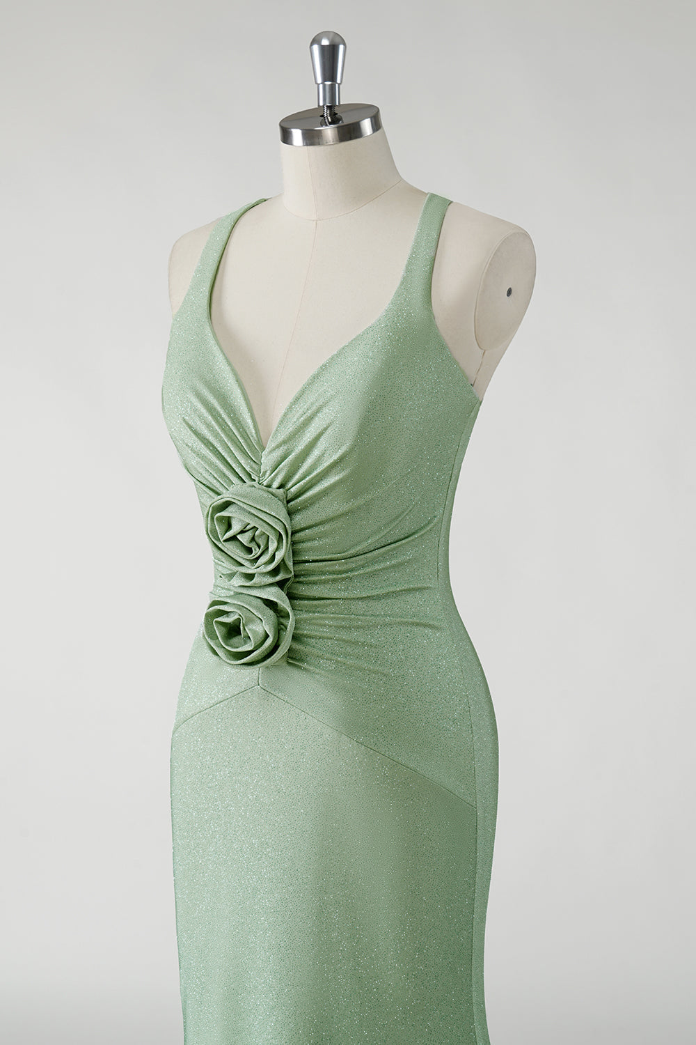 Robe De Soirée longue vert fourreau scintillant avec fleurs 3D