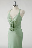 Robe De Soirée longue vert fourreau scintillant avec fleurs 3D