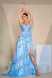 Paillettes scintillantes Bleu Une ligne Corset Robe de bal avec fente