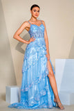 Paillettes scintillantes Bleu Une ligne Corset Robe de bal avec fente