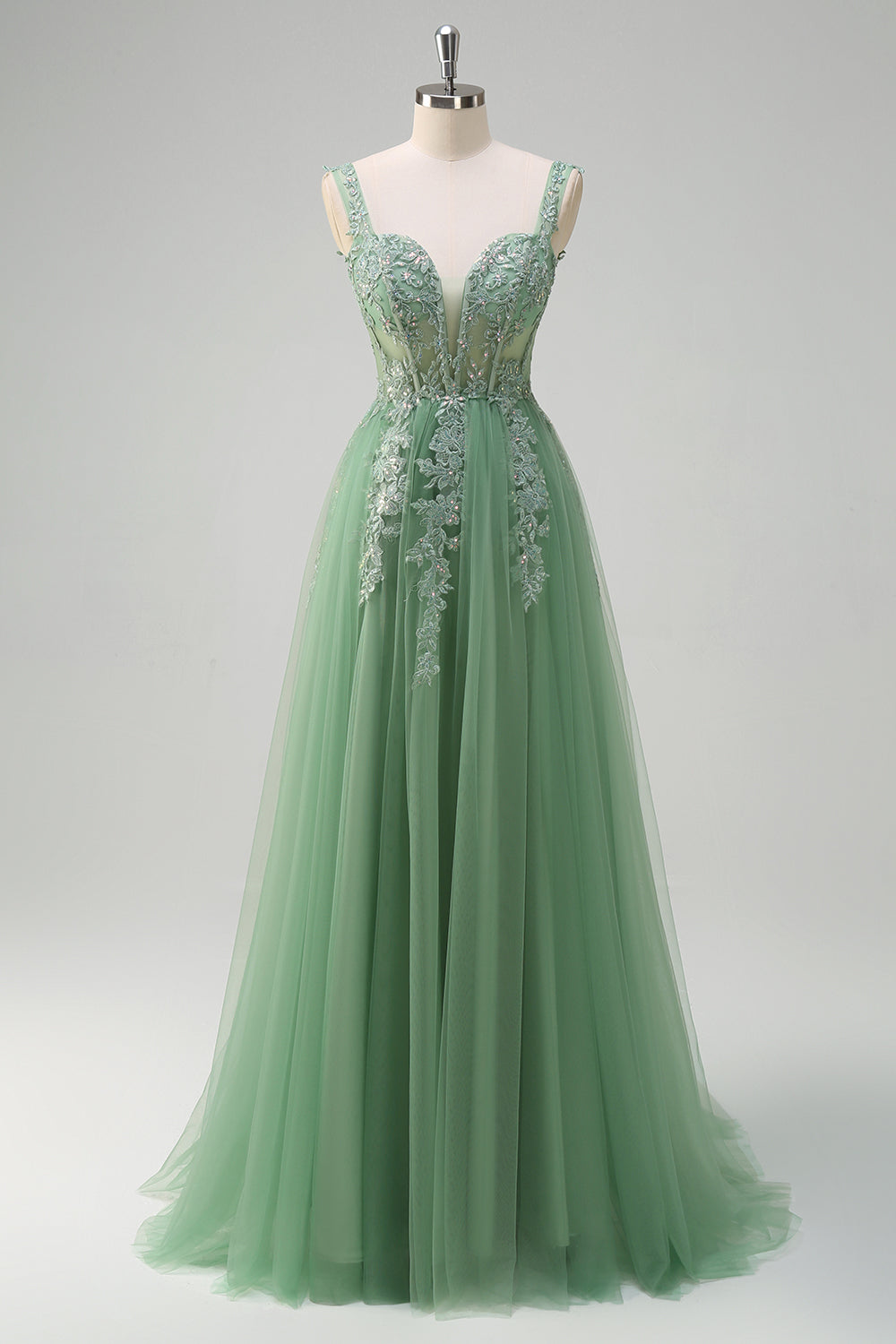 Robe de soirée longue en tulle à bretelles spaghetti vertes avec appliques