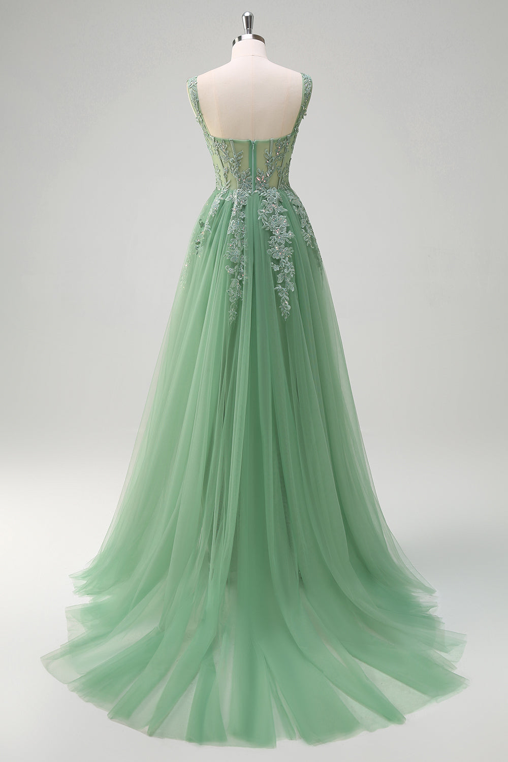 Robe de soirée longue en tulle à bretelles spaghetti vertes avec appliques