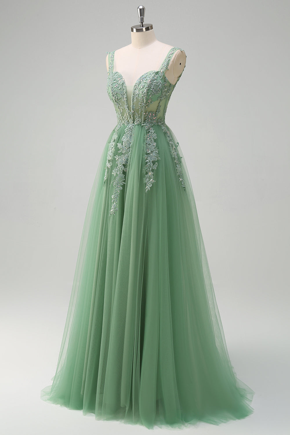 Robe de soirée longue en tulle à bretelles spaghetti vertes avec appliques