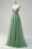 Robe de soirée longue en tulle à bretelles spaghetti vertes avec appliques
