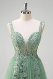 Robe de soirée longue en tulle à bretelles spaghetti vertes avec appliques