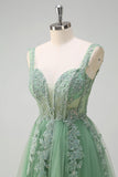 Robe de soirée longue en tulle à bretelles spaghetti vertes avec appliques