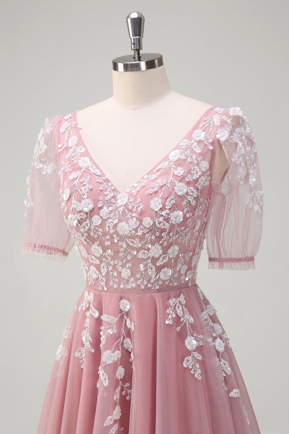 Robe de Soirée longue en tulle à manches courtes scintillante bleu roi A-ligne à col en V