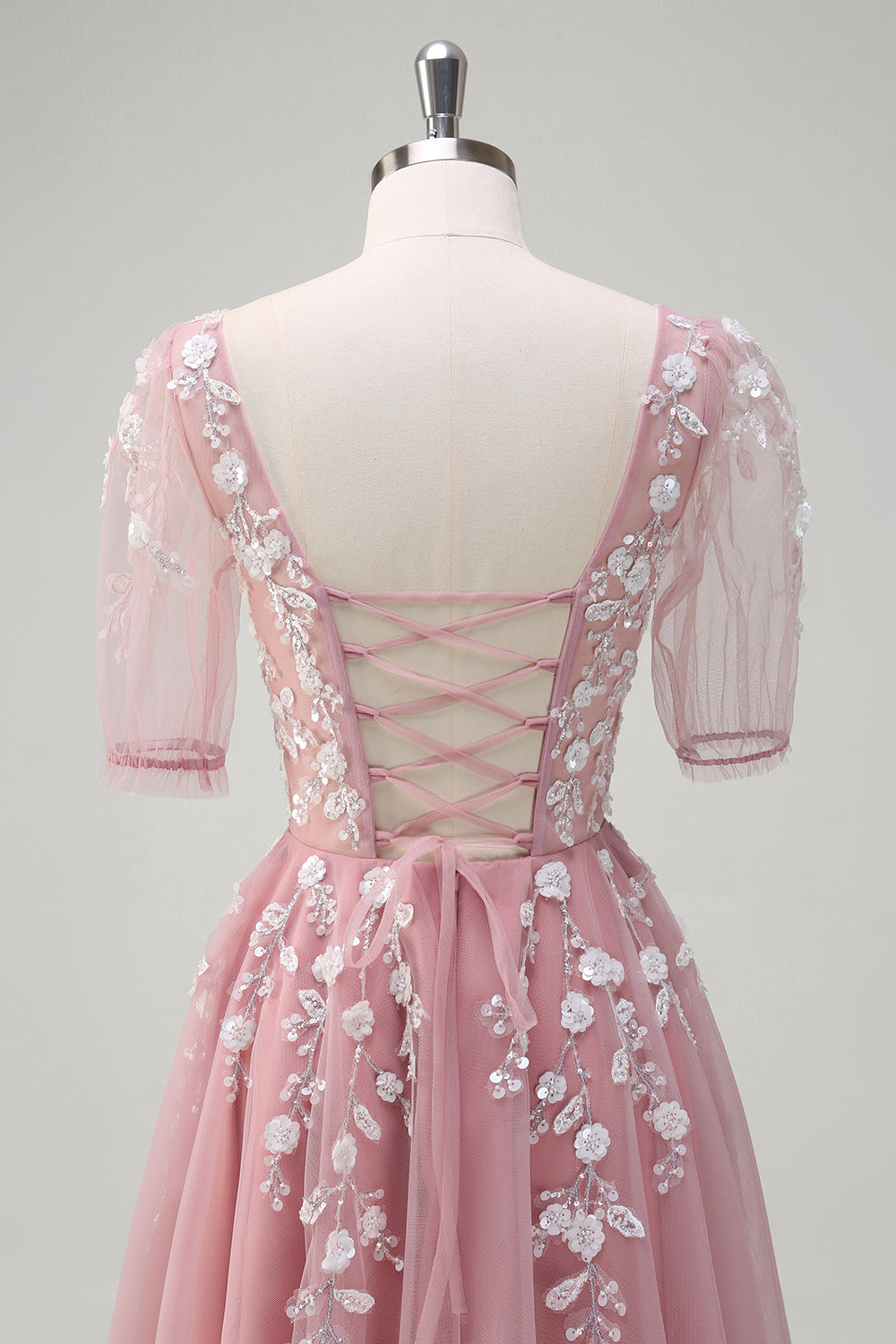 Robe de Soirée longue en tulle à manches courtes scintillante bleu roi A-ligne à col en V