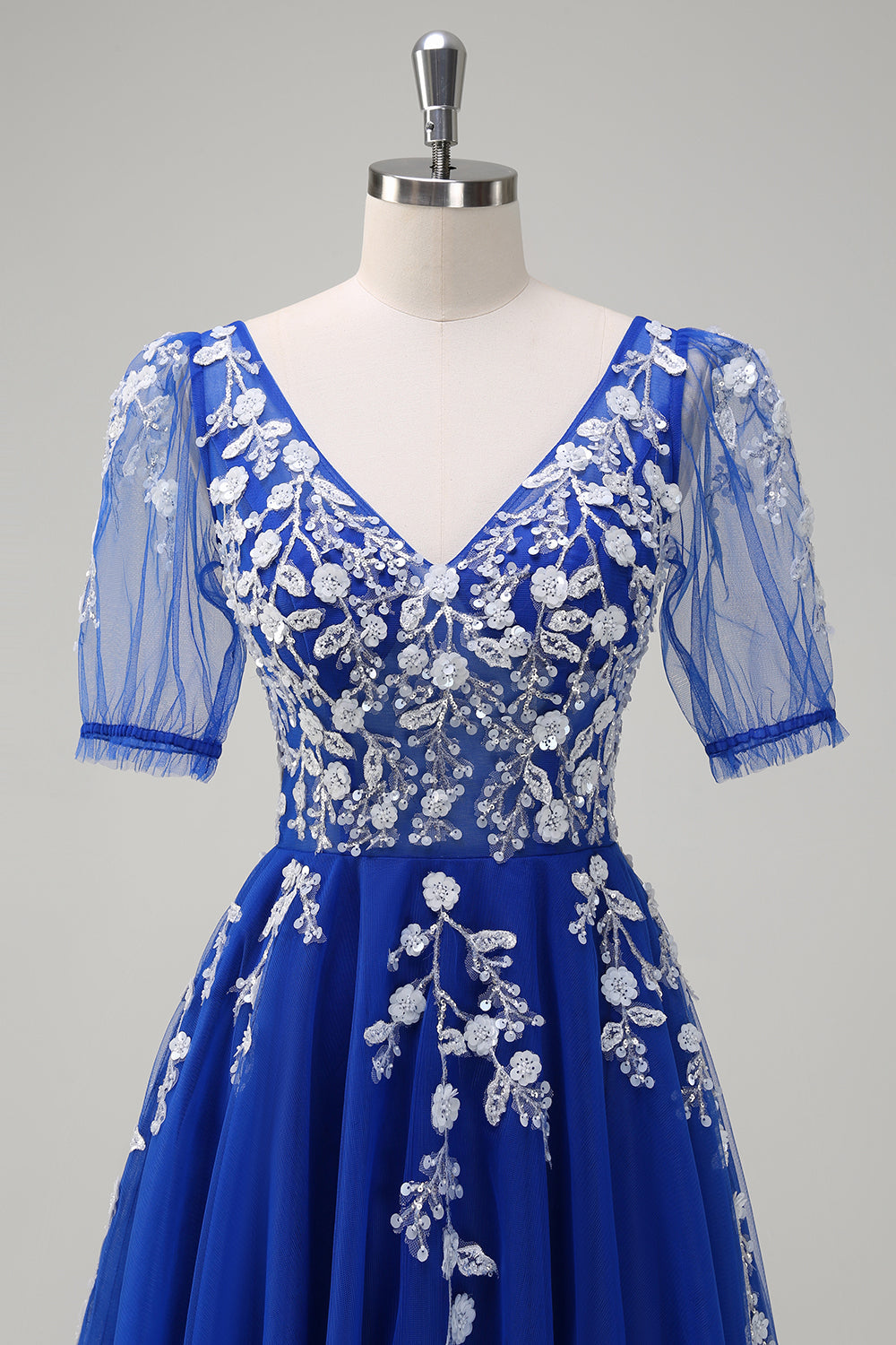 Robe de Soirée longue en tulle à manches courtes scintillante bleu roi A-ligne à col en V