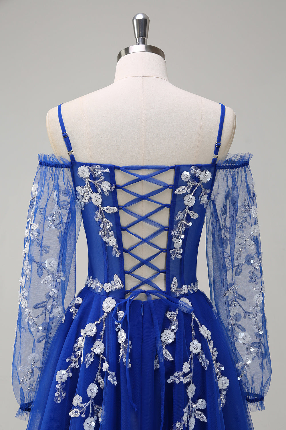 Bleu royal scintillant A-ligne épaule froide manches longues robe de Soirée longue avec appliques