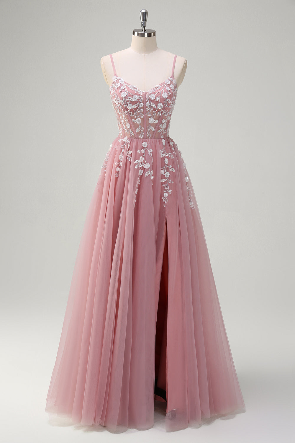 Robe de Soirée à paillettes à bretelles spaghetti trapèze bleu royal avec fente