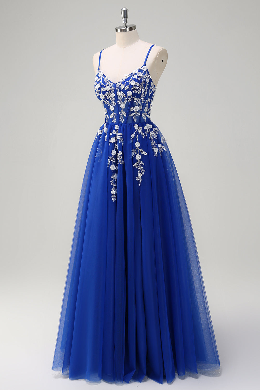Robe de Soirée à paillettes à bretelles spaghetti trapèze bleu royal avec fente