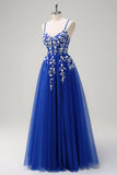 Robe de Soirée à paillettes à bretelles spaghetti trapèze bleu royal avec fente