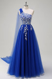 Bleu royal trapèze une épaule Watteau traîne appliques robe de Soirée avec lacets dans le dos