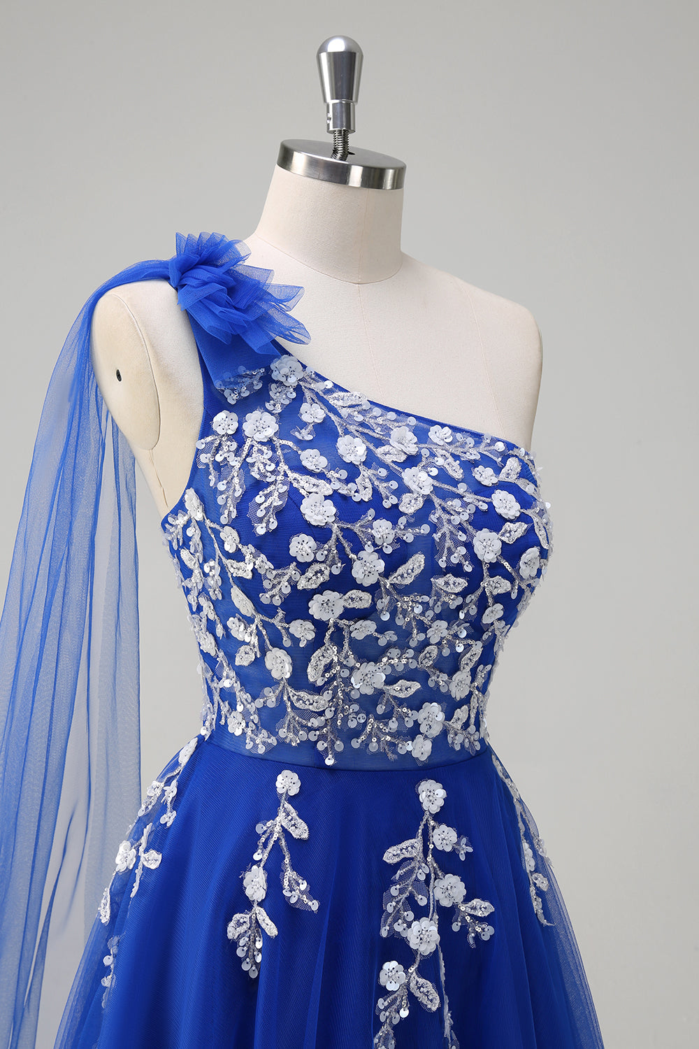 Bleu royal trapèze une épaule Watteau traîne appliques robe de Soirée avec lacets dans le dos