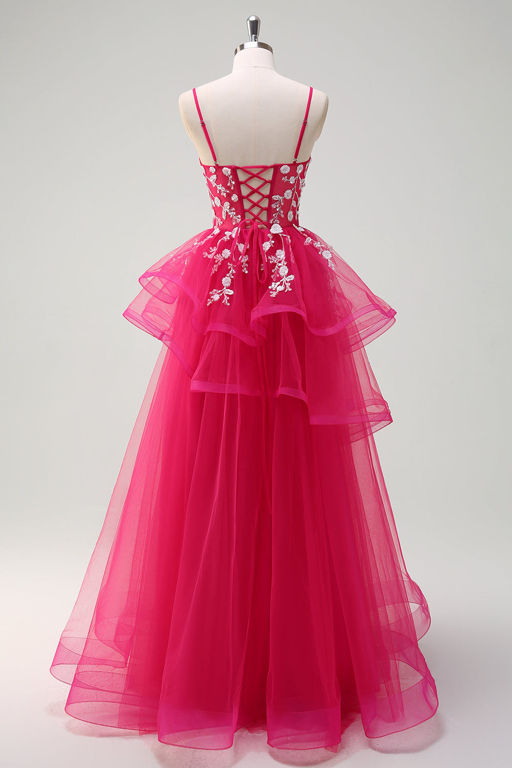 Robe de Soirée longue en tulle à volants à bretelles spaghetti trapèze scintillante avec appliques