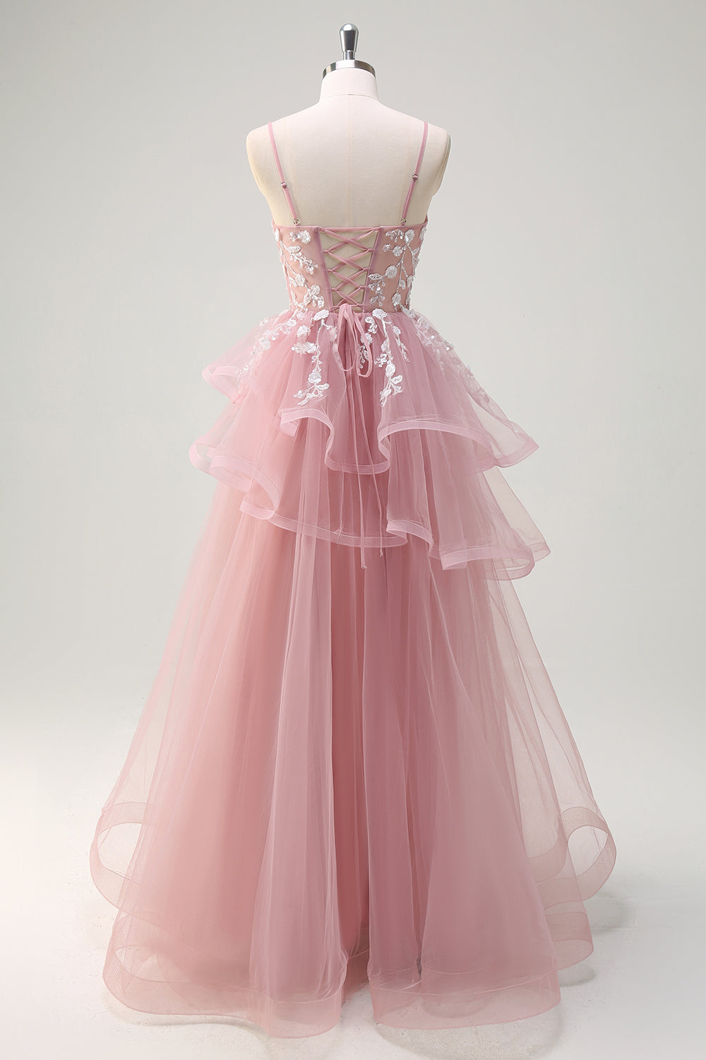 Robe de Soirée longue en tulle à volants à bretelles spaghetti trapèze scintillante avec appliques
