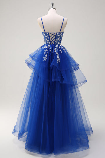 Robe de soirée longue à appliques bleu royal avec paillettes