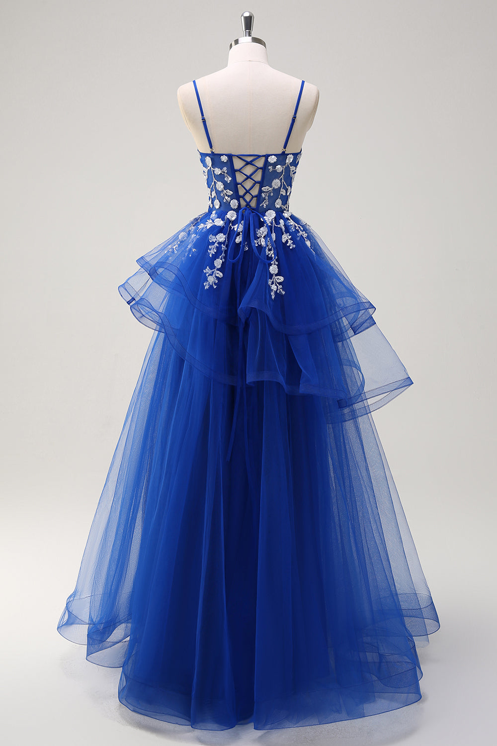 Robe de Soirée longue en tulle à volants à bretelles spaghetti trapèze scintillante avec appliques