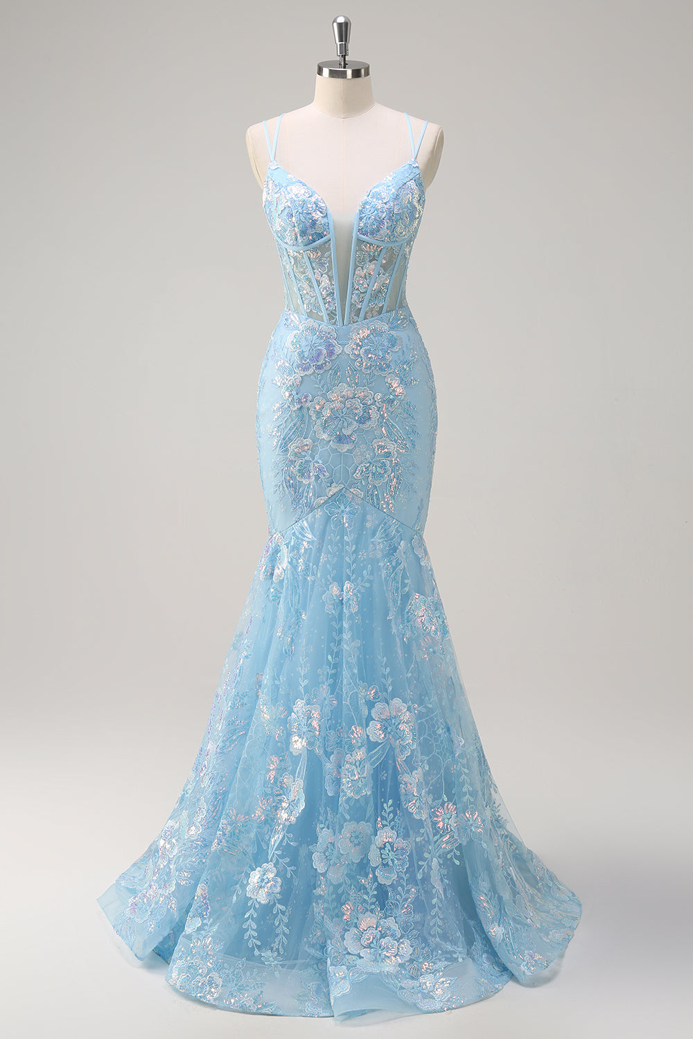 Sirène bleue scintillante spaghetti bretelles Sequin Corset longue robe de bal avec broderie