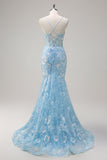 Sirène bleue scintillante spaghetti bretelles Sequin Corset longue robe de bal avec broderie