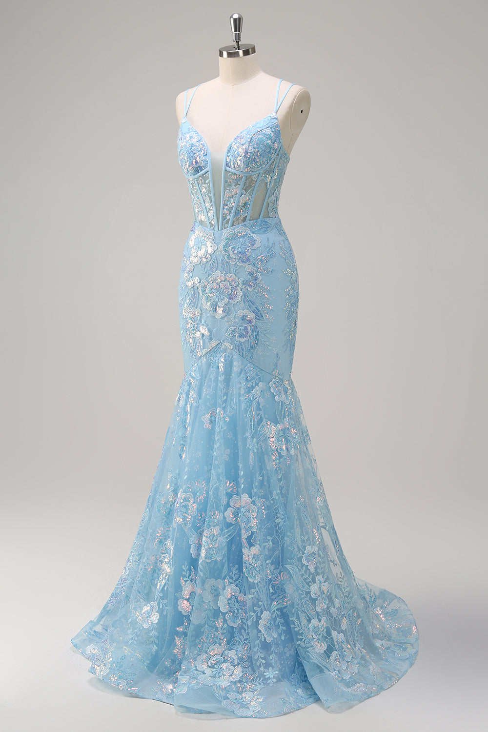 Sirène bleue scintillante spaghetti bretelles Sequin Corset longue robe de bal avec broderie