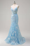 Sirène bleue scintillante spaghetti bretelles Sequin Corset longue robe de bal avec broderie
