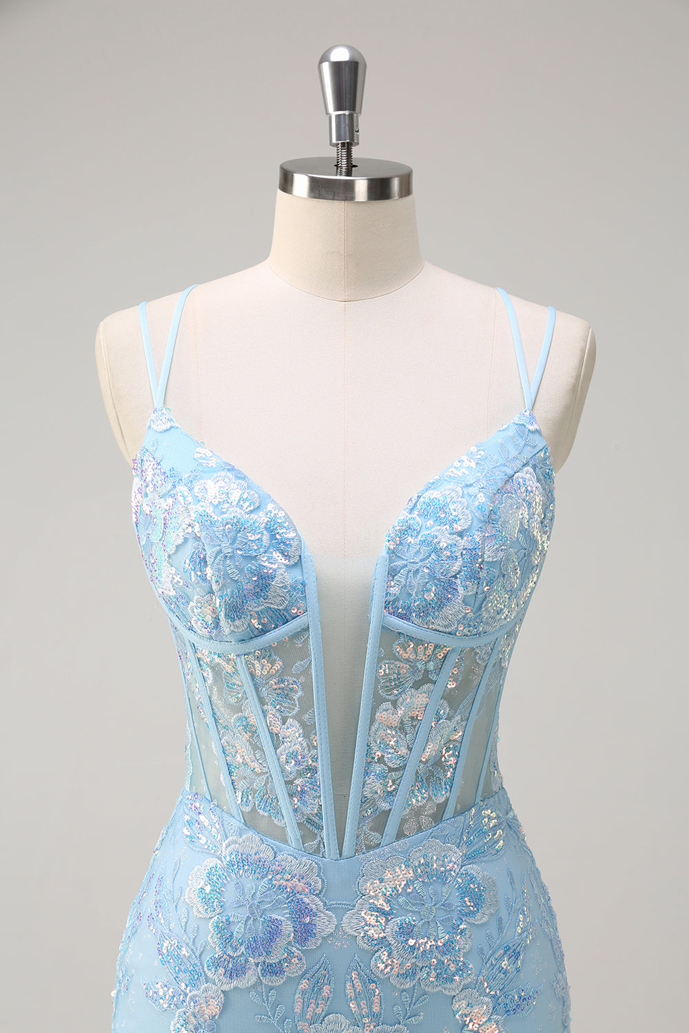 Sirène bleue scintillante spaghetti bretelles Sequin Corset longue robe de bal avec broderie