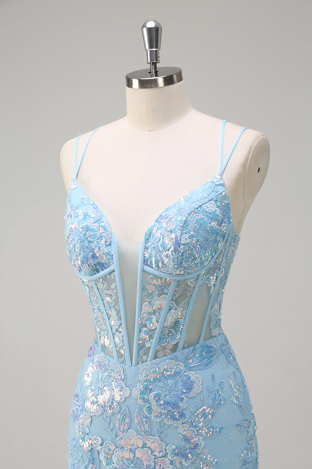 Sirène bleue scintillante spaghetti bretelles Sequin Corset longue robe de bal avec broderie
