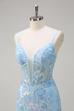 Sirène bleue scintillante spaghetti bretelles Sequin Corset longue robe de bal avec broderie