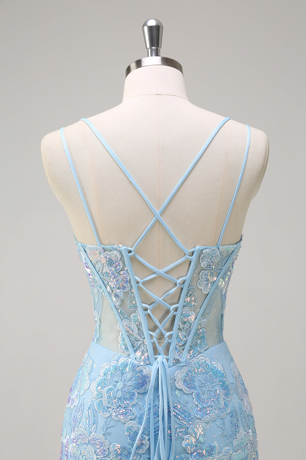 Sirène bleue scintillante spaghetti bretelles Sequin Corset longue robe de bal avec broderie