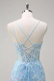 Sirène bleue scintillante spaghetti bretelles Sequin Corset longue robe de bal avec broderie