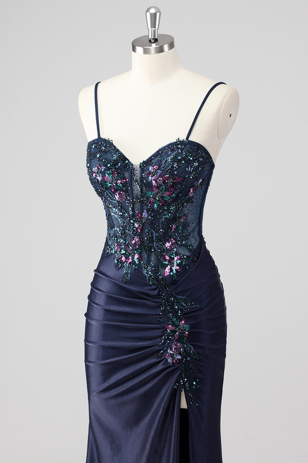 Sparkly Navy Sirène Sirène Paillettes Ruché Corset Robes De Soirée Longue avec Fente